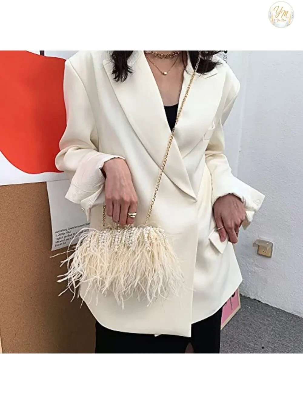 Women's Real Ostrich Feather Evening Bag Clutch Vintage Banquet Purse Chain